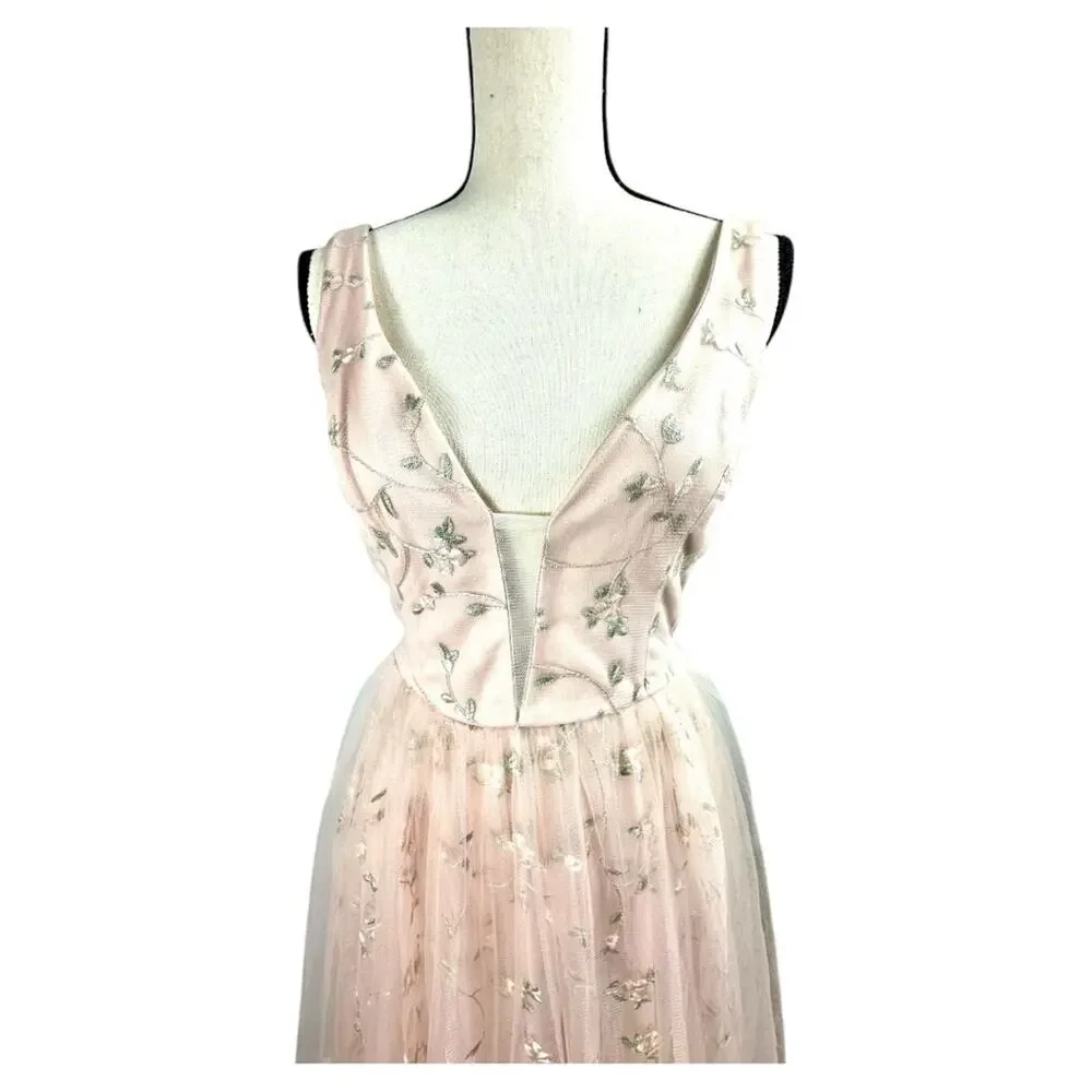Maniju Embroidered Floral Gown Blush Pink sheer overlay